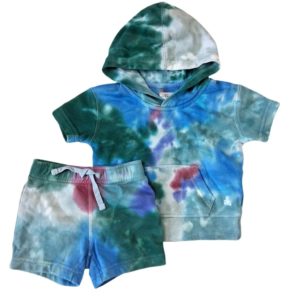 Baby Gap 2pc Tie Dye Hooded 6 9 12 Mos Outfit Shorts Sweatshirt Set Boy Girl